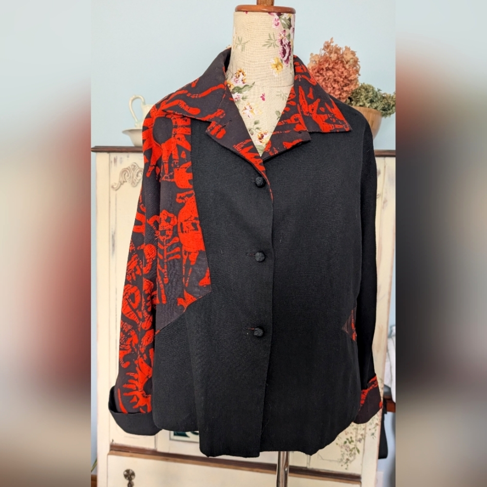Black and Red Asymmetrical Blazer with Floral Accent-02